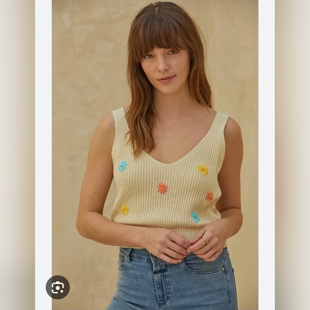 By Together Cream Knit Tank Top with Multicolor Daisy Embroidery